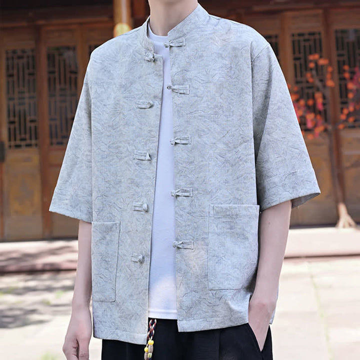 Buddha Stones Camicia da uomo a maniche corte, tinta unita, con colletto alla coreana, bottoni a rana, stile estivo Tang, con taschino. - image 5