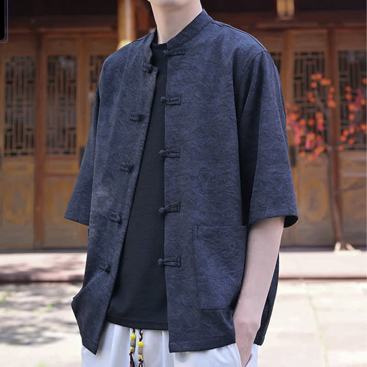 Buddha Stones Camicia da uomo a maniche corte, tinta unita, con colletto alla coreana, bottoni a rana, stile estivo Tang, con taschino. - image 13