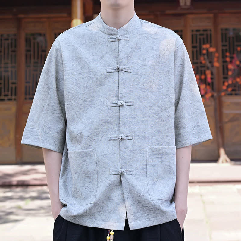 Buddha Stones Camicia da uomo a maniche corte, tinta unita, con colletto alla coreana, bottoni a rana, stile estivo Tang, con taschino. - image 3