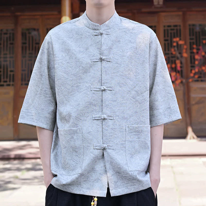 Buddha Stones Camicia da uomo a maniche corte, tinta unita, con colletto alla coreana, bottoni a rana, stile estivo Tang, con taschino. - image 3