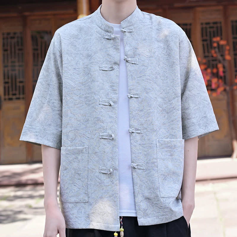Buddha Stones Camicia da uomo a maniche corte, tinta unita, con colletto alla coreana, bottoni a rana, stile estivo Tang, con taschino. - image 6