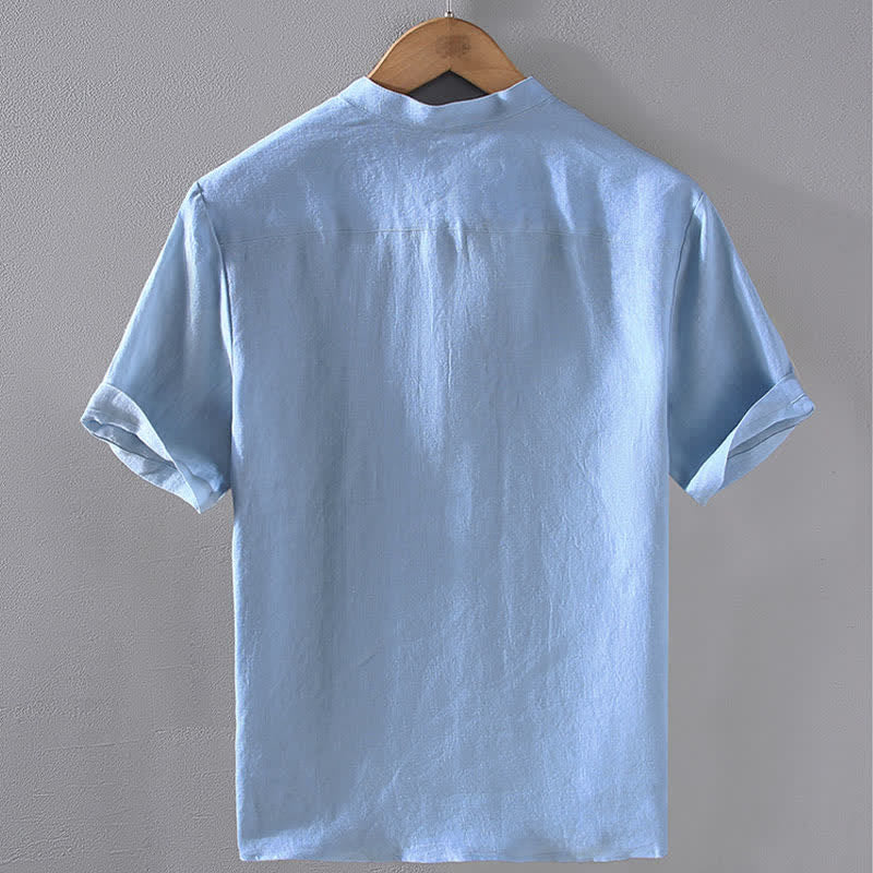 Buddha Stones Camicia da uomo a maniche corte in lino tinta unita, stile Tang, casual, con colletto alla coreana, ideale per l'estate. - image 2