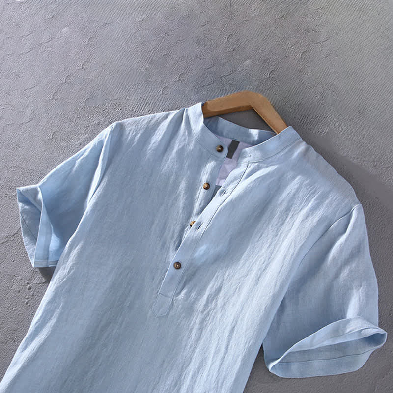 Buddha Stones Camicia da uomo a maniche corte in lino tinta unita, stile Tang, casual, con colletto alla coreana, ideale per l'estate. - image 3