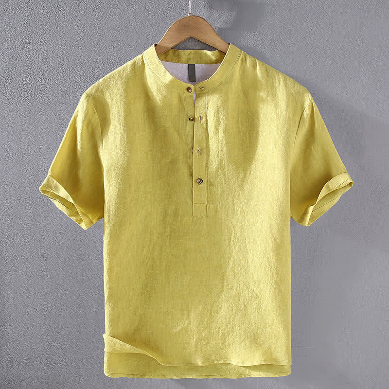 Buddha Stones Camicia da uomo a maniche corte in lino tinta unita, stile Tang, casual, con colletto alla coreana, ideale per l'estate. - Giallo - US/UK/AU42, EU52 (3XL) - image 13