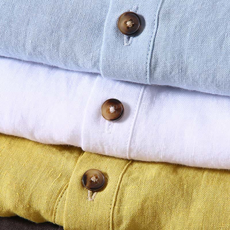 Buddha Stones Camicia da uomo a maniche corte in lino tinta unita, stile Tang, casual, con colletto alla coreana, ideale per l'estate. - image 18