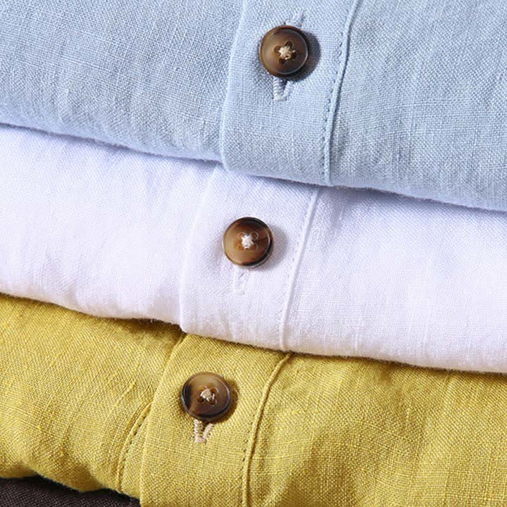 Buddha Stones Camicia da uomo a maniche corte in lino tinta unita, stile Tang, casual, con colletto alla coreana, ideale per l'estate. - image 18