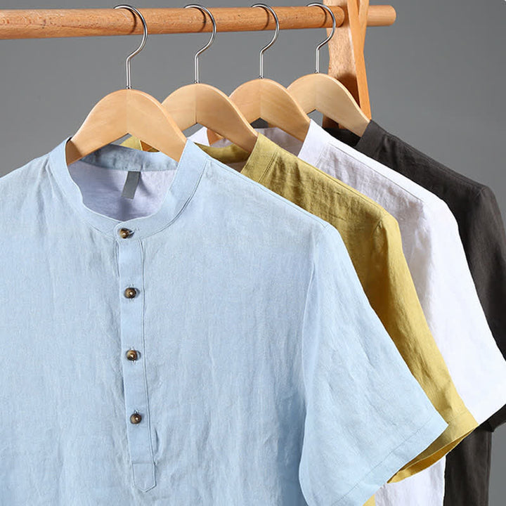 Buddha Stones Camicia da uomo a maniche corte in lino tinta unita, stile Tang, casual, con colletto alla coreana, ideale per l'estate. - image 17