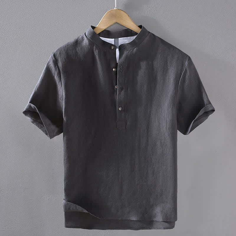 Buddha Stones Camicia da uomo a maniche corte in lino tinta unita, stile Tang, casual, con colletto alla coreana, ideale per l'estate. - Grigio ardesia scuro - US/UK/AU42, EU52 (3XL) - image 12