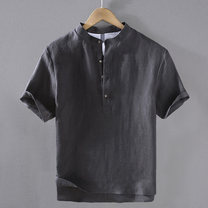 Buddha Stones Camicia da uomo a maniche corte in lino tinta unita, stile Tang, casual, con colletto alla coreana, ideale per l'estate. - Grigio ardesia scuro - US/UK/AU42, EU52 (3XL) - image 12