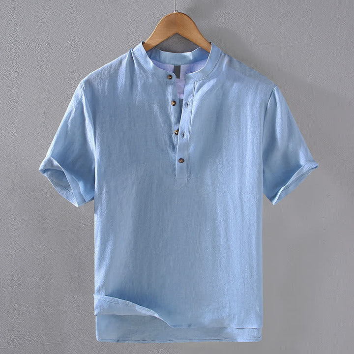Buddha Stones Camicia da uomo a maniche corte in lino tinta unita, stile Tang, casual, con colletto alla coreana, ideale per l'estate. - Azzurro polvere - US/UK/AU42, EU52 (3XL) - image 0
