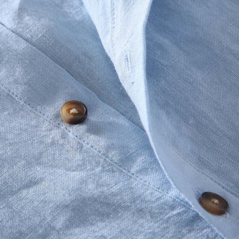 Buddha Stones Camicia da uomo a maniche corte in lino tinta unita, stile Tang, casual, con colletto alla coreana, ideale per l'estate. - image 7