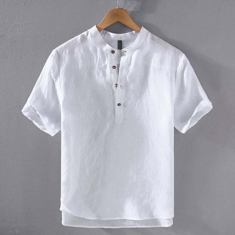 Buddha Stones Camicia da uomo a maniche corte in lino tinta unita, stile Tang, casual, con colletto alla coreana, ideale per l'estate. - Bianco - US/UK/AU42, EU52 (3XL) - image 14