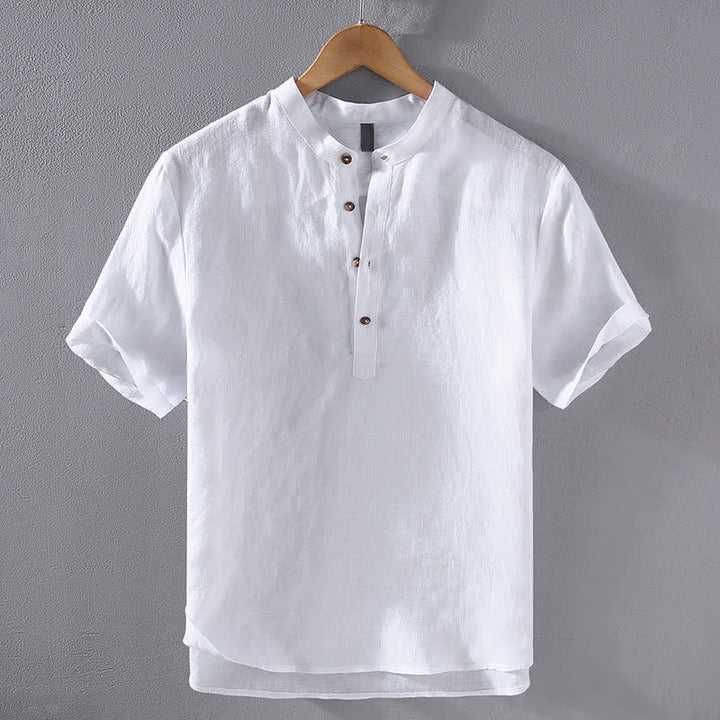 Buddha Stones Camicia da uomo a maniche corte in lino tinta unita, stile Tang, casual, con colletto alla coreana, ideale per l'estate. - Bianco - US/UK/AU42, EU52 (3XL) - image 14