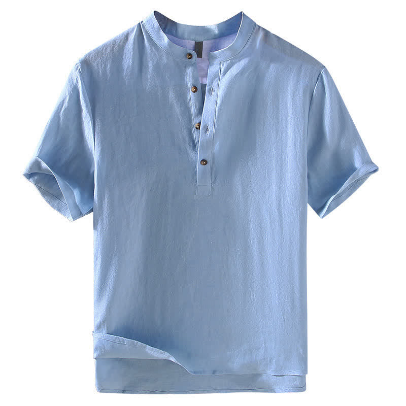 Buddha Stones Camicia da uomo a maniche corte in lino tinta unita, stile Tang, casual, con colletto alla coreana, ideale per l'estate. - image 1