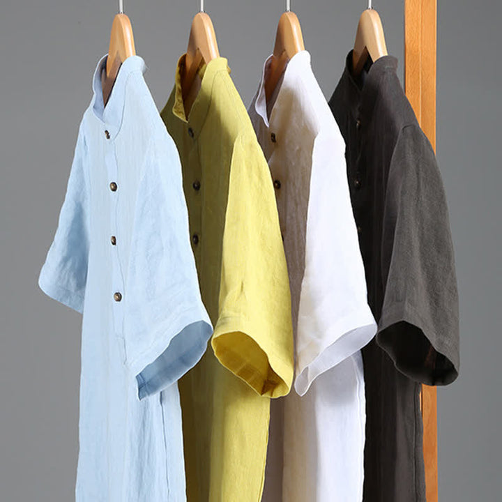 Buddha Stones Camicia da uomo a maniche corte in lino tinta unita, stile Tang, casual, con colletto alla coreana, ideale per l'estate. - image 16