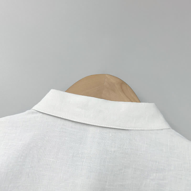 Buddha Stones Camicia da uomo estiva casual a maniche corte in lino tinta unita con spacco laterale - image 2