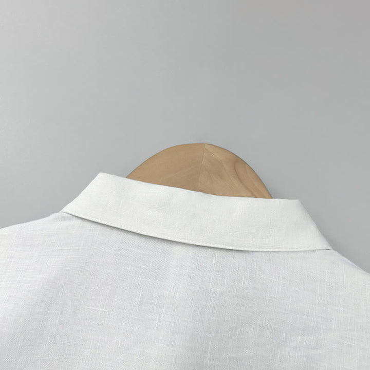 Buddha Stones Camicia da uomo estiva casual a maniche corte in lino tinta unita con spacco laterale - image 2