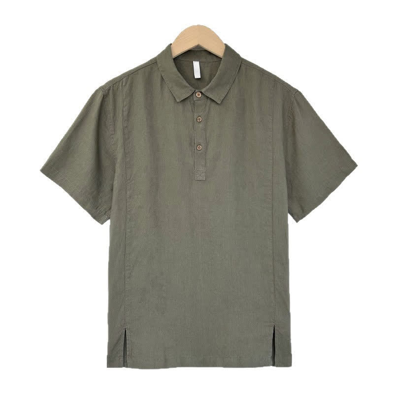 Buddha Stones Camicia da uomo estiva casual a maniche corte in lino tinta unita con spacco laterale - Verde oliva scuro - US/UK/AU44, EU54 (4XL) - image 8