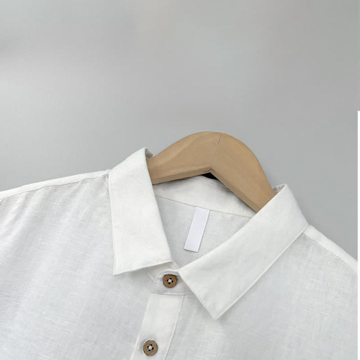 Buddha Stones Camicia da uomo estiva casual a maniche corte in lino tinta unita con spacco laterale - image 1
