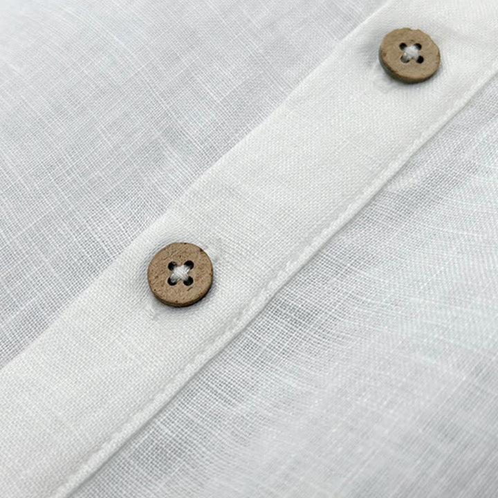Buddha Stones Camicia da uomo estiva casual a maniche corte in lino tinta unita con spacco laterale - image 3