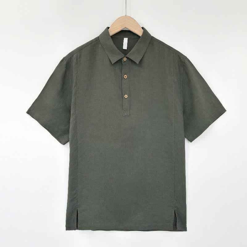 Buddha Stones Camicia da uomo estiva casual a maniche corte in lino tinta unita con spacco laterale - Grigio - US/UK/AU44, EU54 (4XL) - image 10