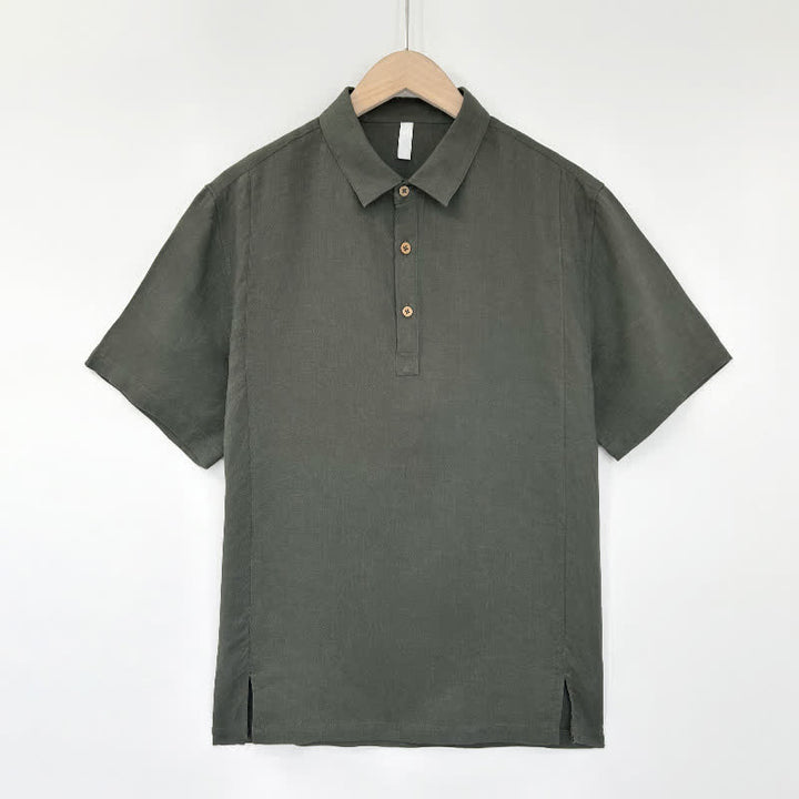 Buddha Stones Camicia da uomo estiva casual a maniche corte in lino tinta unita con spacco laterale - Grigio - US/UK/AU44, EU54 (4XL) - image 10
