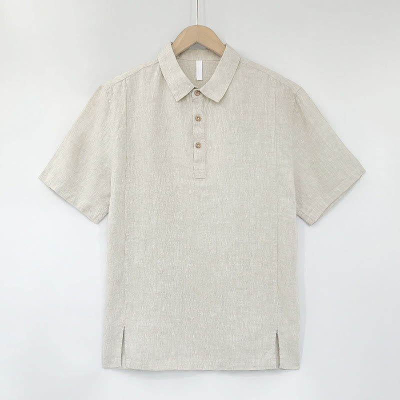 Buddha Stones Camicia da uomo estiva casual a maniche corte in lino tinta unita con spacco laterale - Beige - US/UK/AU44, EU54 (4XL) - image 11