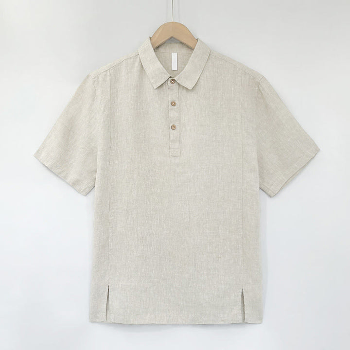 Buddha Stones Camicia da uomo estiva casual a maniche corte in lino tinta unita con spacco laterale - Beige - US/UK/AU44, EU54 (4XL) - image 11