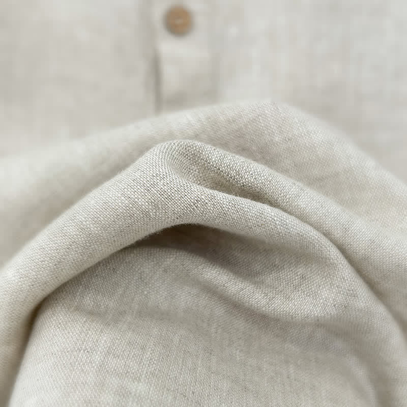 Buddha Stones Camicia da uomo estiva casual a maniche corte in lino tinta unita con spacco laterale - image 12