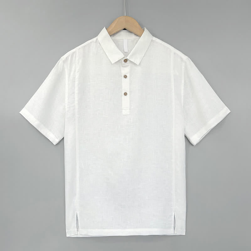 Buddha Stones Camicia da uomo estiva casual a maniche corte in lino tinta unita con spacco laterale - Bianco - US/UK/AU44, EU54 (4XL) - image 0