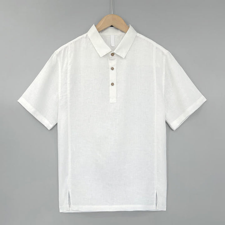 Buddha Stones Camicia da uomo estiva casual a maniche corte in lino tinta unita con spacco laterale - Bianco - US/UK/AU44, EU54 (4XL) - image 0