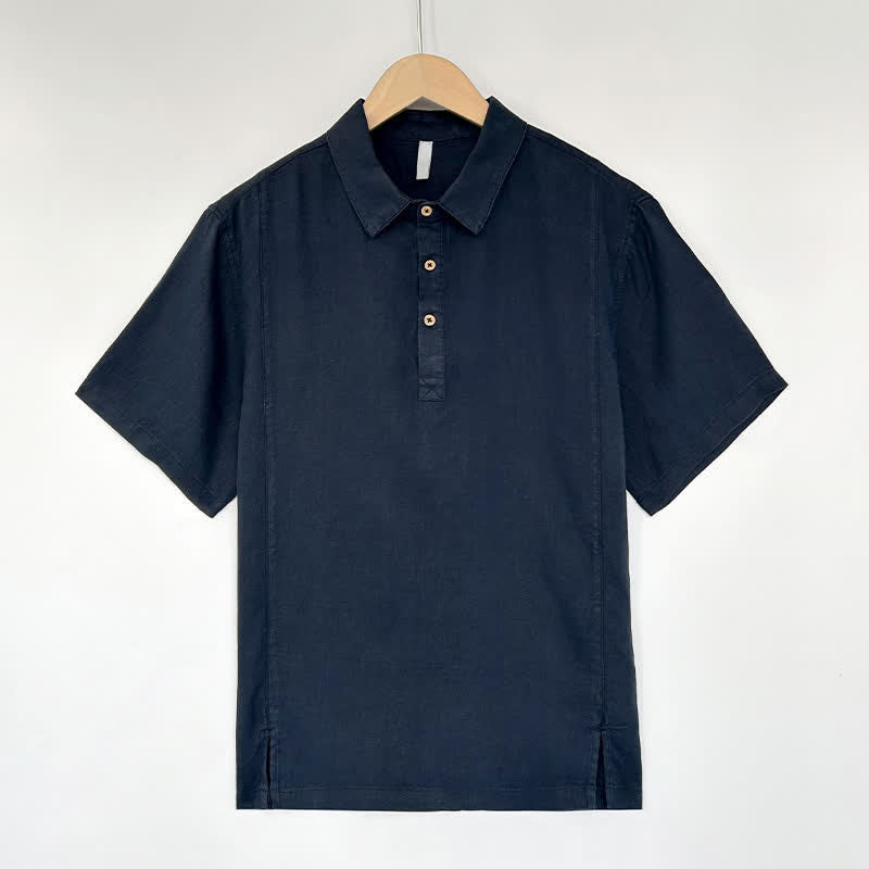 Buddha Stones Camicia da uomo estiva casual a maniche corte in lino tinta unita con spacco laterale - Marina - US/UK/AU44, EU54 (4XL) - image 9