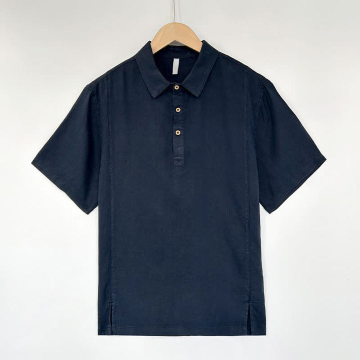 Buddha Stones Camicia da uomo estiva casual a maniche corte in lino tinta unita con spacco laterale - Marina - US/UK/AU44, EU54 (4XL) - image 9