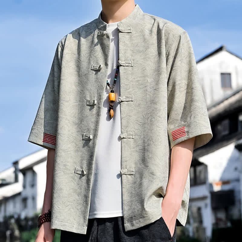 Buddha Stones Camicia da uomo a maniche corte, tinta unita, stile estivo Tang, con colletto alla coreana e bottoni a rana. - image 4