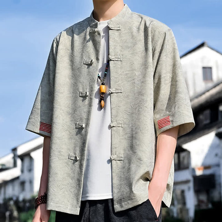 Buddha Stones Camicia da uomo a maniche corte, tinta unita, stile estivo Tang, con colletto alla coreana e bottoni a rana. - image 4