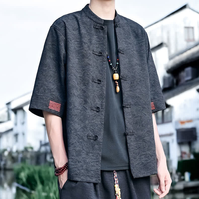 Buddha Stones Camicia da uomo a maniche corte, tinta unita, stile estivo Tang, con colletto alla coreana e bottoni a rana. - image 10