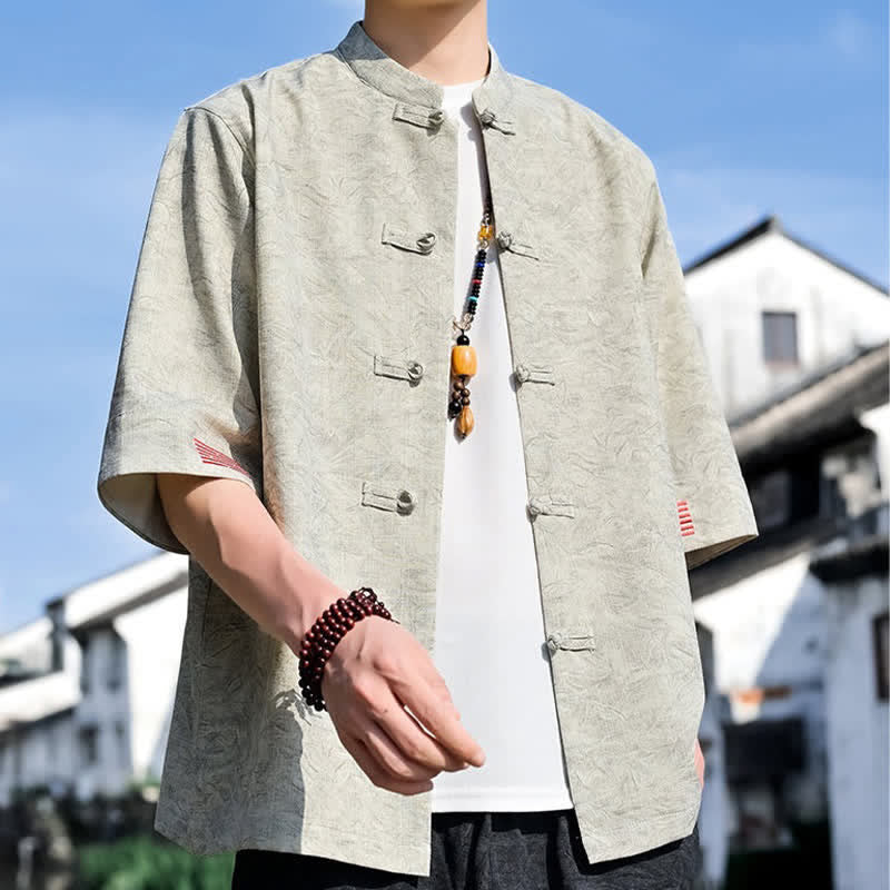 Buddha Stones Camicia da uomo a maniche corte, tinta unita, stile estivo Tang, con colletto alla coreana e bottoni a rana. - image 3
