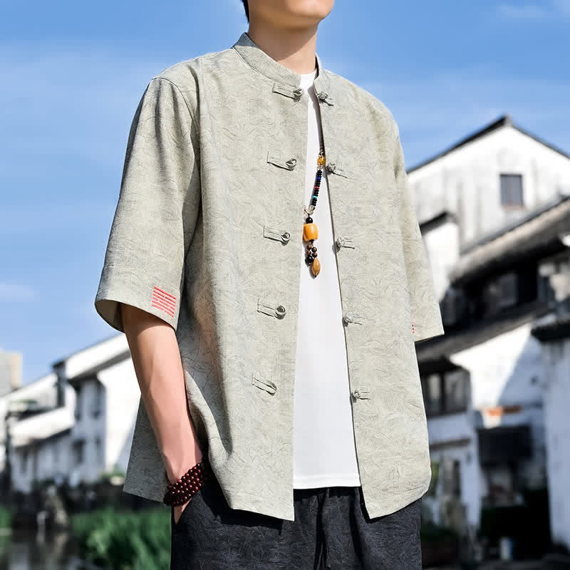 Buddha Stones Camicia da uomo a maniche corte, tinta unita, stile estivo Tang, con colletto alla coreana e bottoni a rana. - image 2