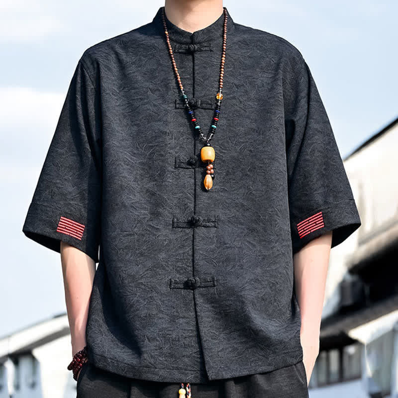 Buddha Stones Camicia da uomo a maniche corte, tinta unita, stile estivo Tang, con colletto alla coreana e bottoni a rana. - image 9