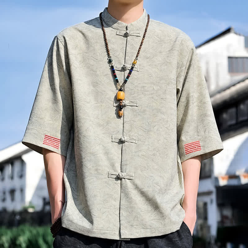 Buddha Stones Camicia da uomo a maniche corte, tinta unita, stile estivo Tang, con colletto alla coreana e bottoni a rana. - image 1