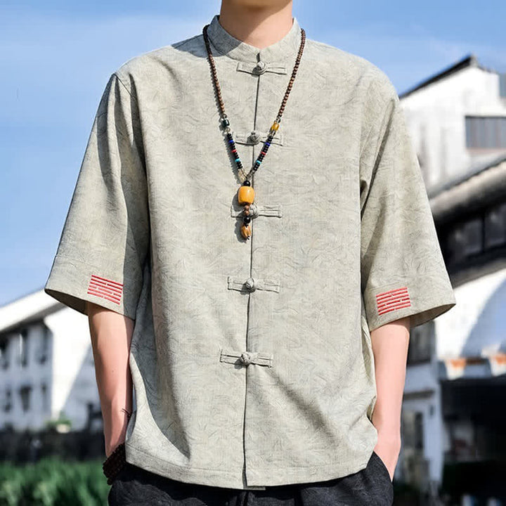 Buddha Stones Camicia da uomo a maniche corte, tinta unita, stile estivo Tang, con colletto alla coreana e bottoni a rana. - image 1