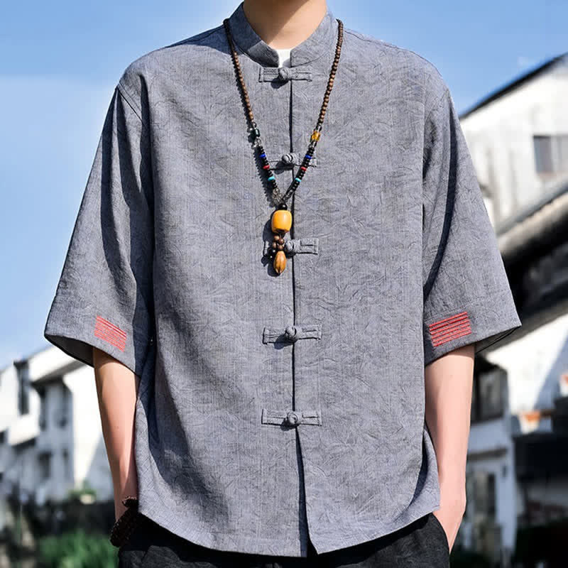 Buddha Stones Camicia da uomo a maniche corte, tinta unita, stile estivo Tang, con colletto alla coreana e bottoni a rana. - Grigio chiaro - US/UK/AU46, EU56 (5XL) - image 12