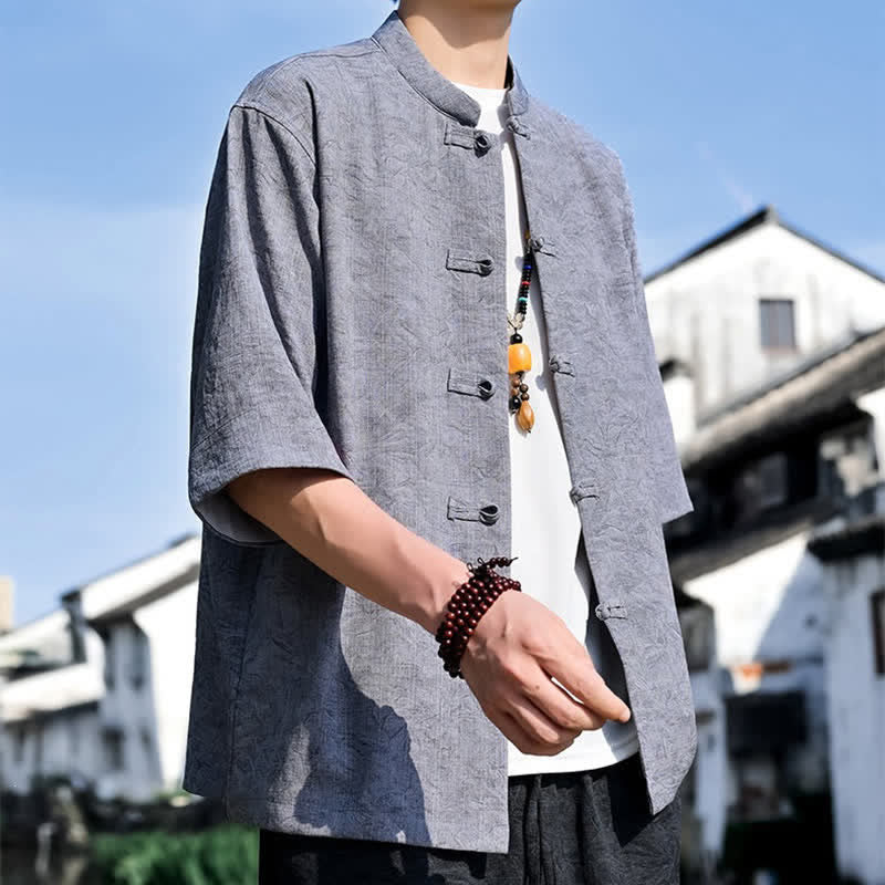 Buddha Stones Camicia da uomo a maniche corte, tinta unita, stile estivo Tang, con colletto alla coreana e bottoni a rana. - image 15