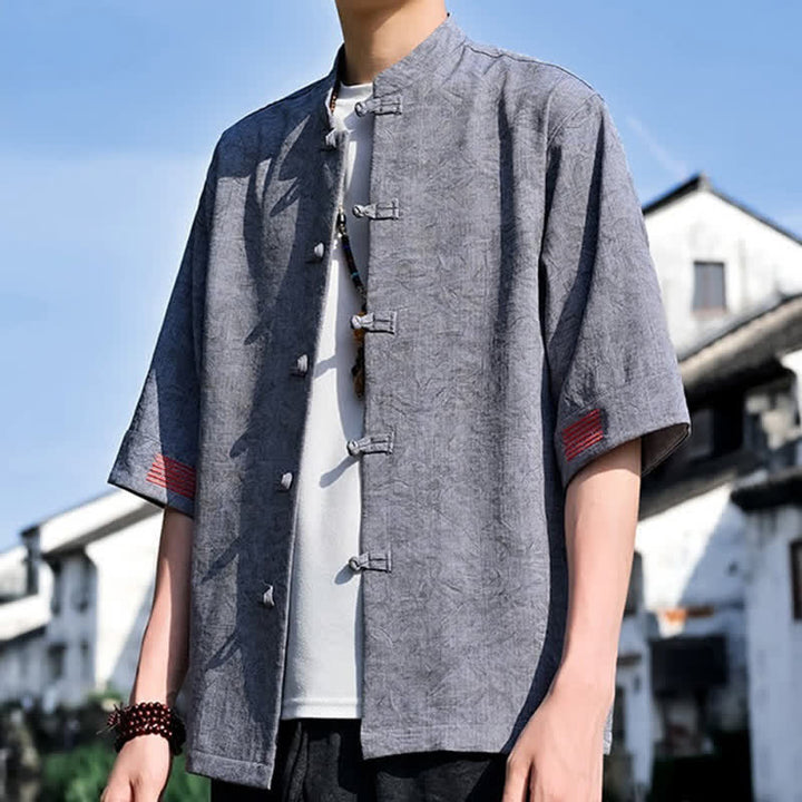 Buddha Stones Camicia da uomo a maniche corte, tinta unita, stile estivo Tang, con colletto alla coreana e bottoni a rana. - image 16