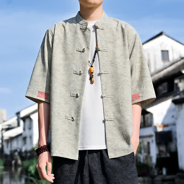 Buddha Stones Camicia da uomo a maniche corte, tinta unita, stile estivo Tang, con colletto alla coreana e bottoni a rana. - Beige - US/UK/AU46, EU56 (5XL) - image 0
