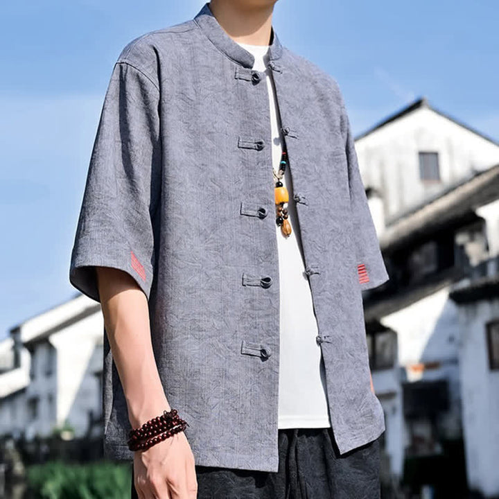 Buddha Stones Camicia da uomo a maniche corte, tinta unita, stile estivo Tang, con colletto alla coreana e bottoni a rana. - image 14