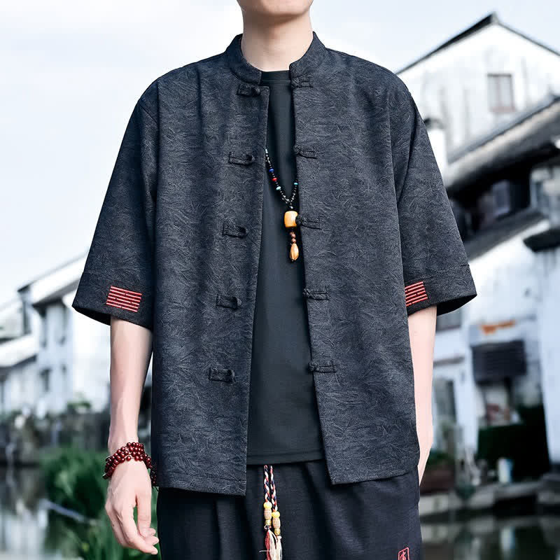 Buddha Stones Camicia da uomo a maniche corte, tinta unita, stile estivo Tang, con colletto alla coreana e bottoni a rana. - image 11