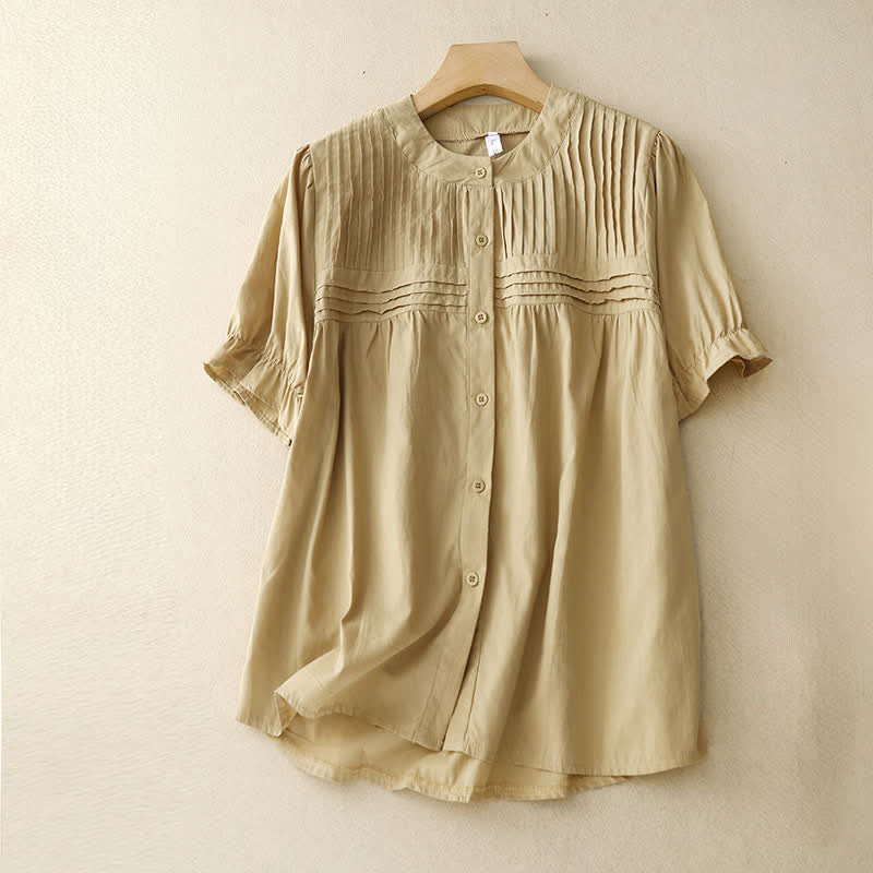 Buddha Stones Camicia da donna estiva casual vintage a maniche corte con bottoni, tinta unita e pieghe a pinces. - Cachi - US8-10, UK/AU12-14, EU40-42 (2XL) - image 0