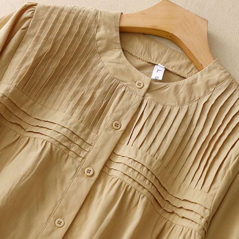 Buddha Stones Camicia da donna estiva casual vintage a maniche corte con bottoni, tinta unita e pieghe a pinces. - image 1