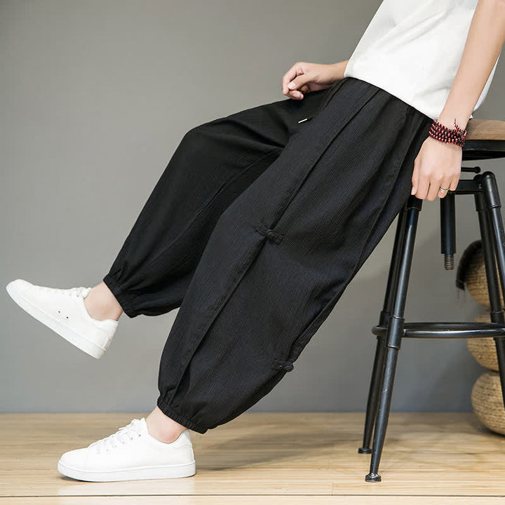 Buddha Stones Pantaloni corti estivi casual minimalisti con coulisse, modello harem da uomo con tasca - image 8